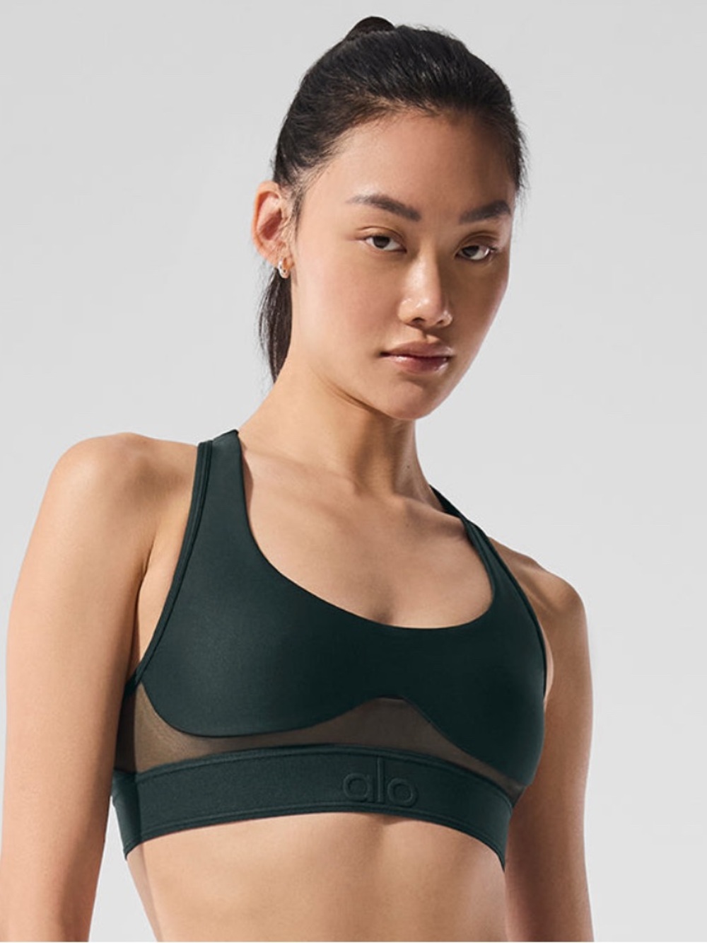 ALO Yoga charcoal Green Mesh-Panel Sports Bra